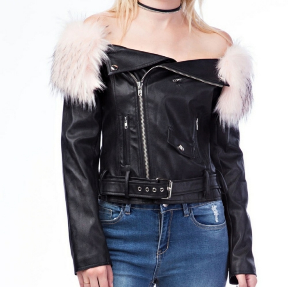 Black Moto Jacket w/ Pink Removable Faux Fur